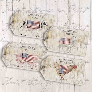 Americana Farm Animal Printable Tags, Farmhouse, Patriotic Gift Tags, 2x3.5 inch, Collage Sheet, Instant Digital Download #1572-T
