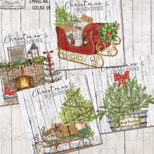 Noël et pin vert imprimable, mini impressions, hiver, sous-verre, éphémère, collage 4 x 4, rustique Prim, téléchargement immédiat, JPG #2605