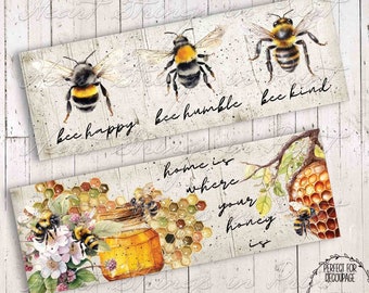 Spring Summer Honey Bees Art Design, Labels, Block Art, Shelf Sitter, Collage, Digital Download 2275
