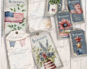 Americana Printable Tags, 2 sizes, Collage, Digital Download #2063-T