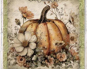 Autumn Splendor Print, Pumpkin Floral Wall Art, Printable, Primitive, 8x10, Digital Download 3061