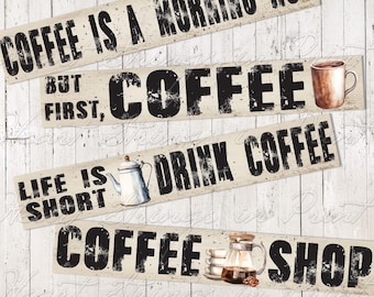 Primitive Coffee Art Design, Labels, Phrase, Collage, Block Art, Shelf Sitter, Digital Download 2562