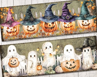 Halloween Ghost Pumpkin Art Block Design, Labels, Shelf Sitter, Collage, Digital Download 2698