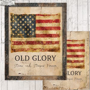 May include: Two framed prints of an American flag with distressed, vintage styling. The larger print features the text "Old Glory" and "Stars and Stripes Forever". The smaller print features the text "Glory" and "Stripes Forever".