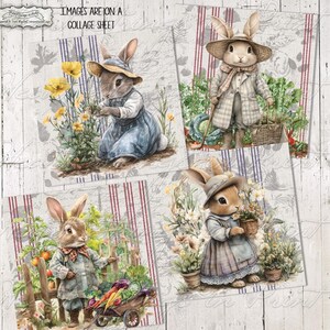 Lapins de jardin minables imprimables, printemps, sous-verres, feuille de collage, éphémères, prim, téléchargement immédiat, fichier JPG # 2529