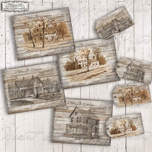 Cartão postal de fazenda antiga, itens efêmeros, scrapbooking, etiquetas e cartões de diário, folha de colagem, download digital instantâneo #1216-T-JC