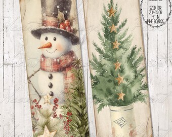 Chritmas Primitive Snowman And Tree Art Design, Labels, Block Art, Shelf Sitter, Collage, Digital Download 2443