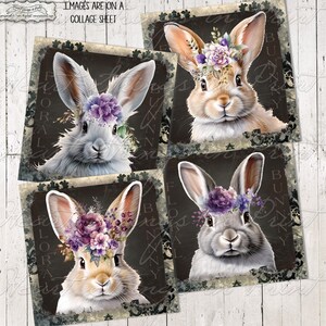 Lapin floral imprimable, printemps, fleurs violettes, sous-verres, feuille de collage, éphémères, prim, téléchargement immédiat, fichier JPG #2527