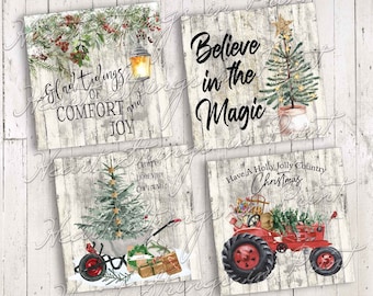 May include: Four square Christmas-themed prints on a white wood background. Each print features holiday text and imagery, including a lantern, Christmas tree, and a red tractor. The prints have a rustic, country style.
