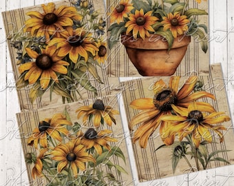 Primitive Black Eyed Susan Printable, 4x4, Collage, Digital Download 2880