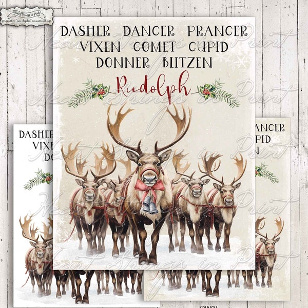 Santa's Reindeer, Digital Print, 8x10 Christmas Sign, PNG, Sublimation, Wall Art, Primitive, Instant Download #2160