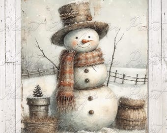May include: A digital illustration of a snowman wearing a textured brown top hat and a fringed orange and brown plaid scarf. The snowman has a carrot nose, twig arms, and three dark buttons. It stands in a snowy field with a wooden fence.