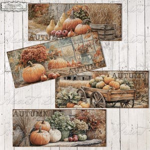 May include: A set of four rectangular prints featuring autumn scenes with pumpkins, gourds, wheat, and wooden wagons. Each print displays the word AUTUMN in a serif font. The imagery includes orange pumpkins, green foliage, and rustic wooden containers.