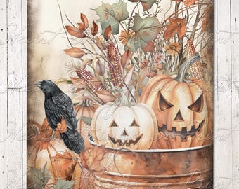 Autumn Jack-O-Lanterns Rustic Floral Print, Halloween Wall Art, Printable, Primitive, 8x10, Digital Download 3088