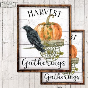 Herbst Ernte Sammlungen Druck, Krähe und Kürbis Wandkunst, primitiv, bedruckbar, 8 x 10, digitaler Download