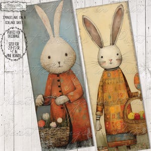 May include: Two illustrations of bunnies holding baskets of Easter eggs. The bunnies are wearing colourful clothing and have white fur. The background is a light yellow and blue.