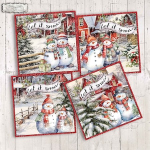 Let It Snow Snowmen Printable, Winter Mini Prints, Coaster Designs, Ephemera, 4x4 Collage, Rustic Country, Instant Download, JPG File #2159