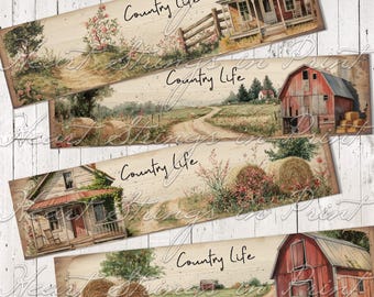 Primitive Country Life Art Design, Labels, 2x8 Collage, Block Art, Shelf Sitter, Digital Download 2902