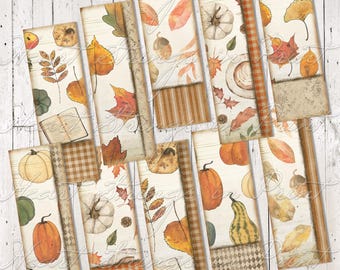 Primitive Autumn Bookmark Tag Printable, 2x6, Collage, Resizable Images, Mini Prints, Digital Download 3091