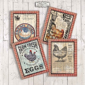 Efímera de gallinas de granja, tarjetas de diario, álbum de recortes, hoja de collage de 3,5 x 4,5, estilo primitivo, descarga digital instantánea, JPG n.º 1820