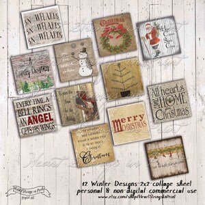 May include: A collage sheet featuring 12 winter-themed designs on square tiles. The tiles display various Christmas-related images and text, including snowmen, wreaths, and festive phrases. The color palette includes red, green, and brown.