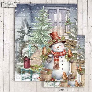 Un día de invierno - Muñeco de nieve &quot;Alimenta a los pájaros&quot;, impresión digital, letrero artístico de 8 x 10, diseño primitivo, PNG, sublimación, arte mural, descarga instantánea n.° 2173
