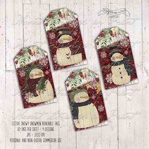 Festliche verschneite Schneemänner Weihnachtsanhänger zum Ausdrucken, rot kariert, Primitive Geschenkanhänger, Collage Sheet, 5x3,5 Zoll, Sofortiger digitaler Download #1437
