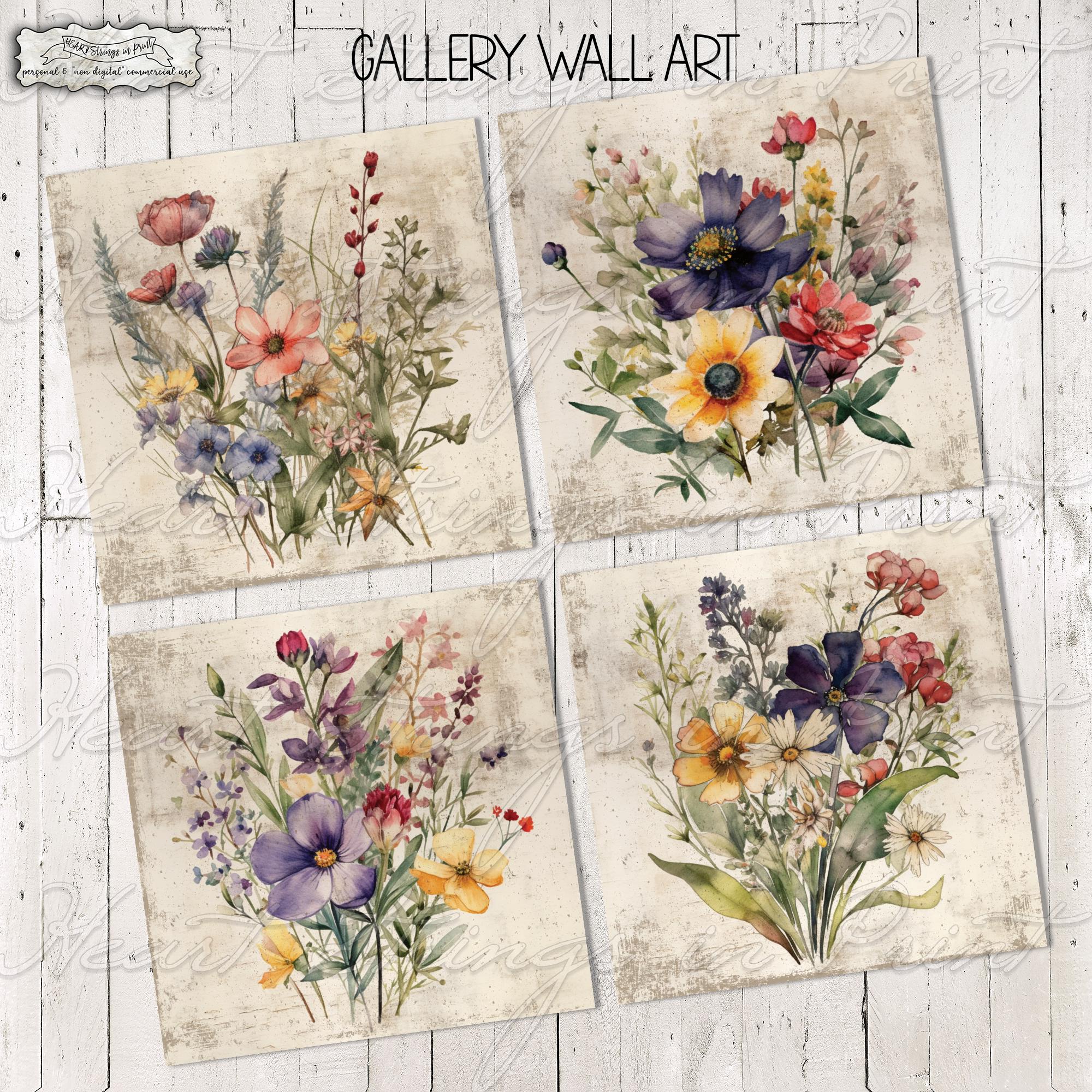 素朴な野花のギャラリーアートプリント、原始的な花の壁飾り、印刷可能