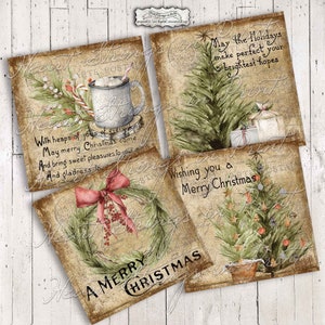Un Natale vecchio stile stampabile, foglio di collage di immagini 4x4, mini stampe invernali, effimeri, primitivo, download digitale istantaneo, JPG #1908