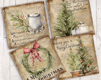 May include: Four vintage Christmas card designs with a rustic, aged paper background. The cards feature a wreath with a red bow, a cup of hot cocoa, a Christmas tree with presents, and a Christmas tree with ornaments. The cards have text that reads "With heaps of joys of every kind", "May the Holidays make perfect your brightest hopes", "Wishing you a Merry Christmas", and "A Merry Christmas".