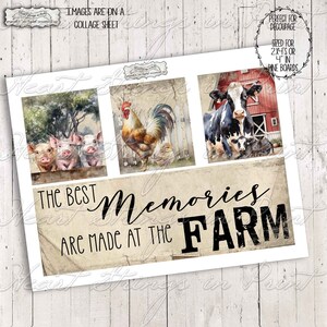 May include: A collage sheet with four images of farm animals. The images include a rooster, a cow and calf, and three piglets. The text "The Best Memories Are Made At The Farm" is printed on the sheet.