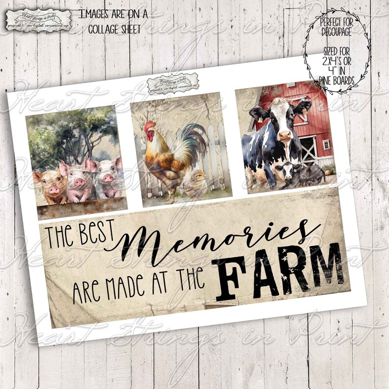 May include: A collage sheet with four images of farm animals. The images include a rooster, a cow and calf, and three piglets. The text "The Best Memories Are Made At The Farm" is printed on the sheet.