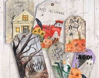 Festive Halloween Printable Tags, Ephemera, 2 Sizes, Collage Sheet, Instant Digital Download #1870-T