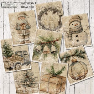 May include: A collage sheet featuring vintage-style Christmas images. The images include Santa Claus, a snowman, a Christmas tree, a truck carrying gifts, a wreath, bells, and wrapped presents. The images have a sepia tone and are set against a background of sheet music.