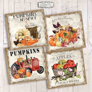 Apples, Pumpkins And Spice Printable, 4x4 Image Collage Sheet, Primitive, Instant Digital Download, JPG File #1836