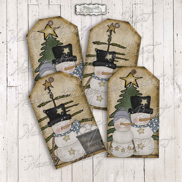 Grungy Snowmen Printable Tags, Gift Tags, 2x3.5 inch, Collage Sheet, Instant Digital Download #1906