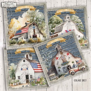 May include: A collage sheet with four images of white barns with red, white, and blue American flag decorations. The barns are set against a blue wood background with a white border. The text "American White Barn" is at the top of each image.