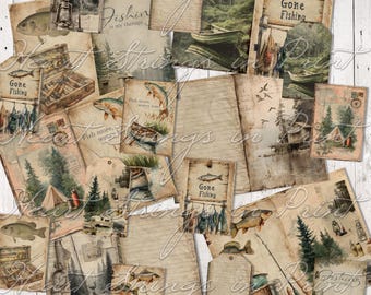 Camping Fishing Junk Journal Bundle, Scrapbooking, Matching Ephemera, Grungy, Digital Download 2967