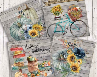 Autumn Pumpkins And Sunflowers Printable, Coaster Designs, 4x4 Collage Sheet, Ephemera, Primitive, Instant Digital Download, JPG File #1823