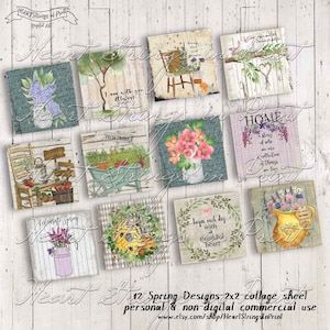 Könnte beinhalten: Zwölf digitale Collage-Blätter mit Frühlingsmotiven. Die Designs beinhalten Blumen, einen Vogel, einen Stuhl, einen Korb, einen Garten, ein Bauernhaus und inspirierende Zitate. Die Designs sind perfekt für Basteln, Scrapbooking und andere kreative Projekte.