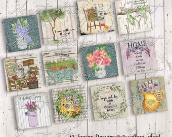 Spring 2x2 Inch Image Digital Collage Sheet, Primitive, Printable, Instant Digital Download, JPG File #1580-2