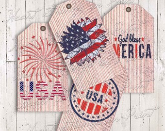 Americana Printable Tags, 2x3.5 Collage, Primitive, Digital Download #1795