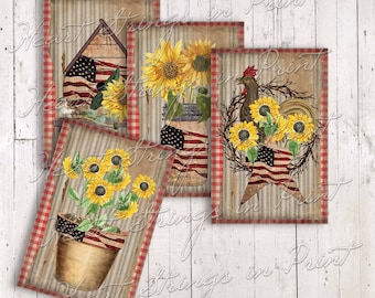Americana zonnebloemen afdrukbaar, 4 x 6, collage, primitief, digitale download 1803