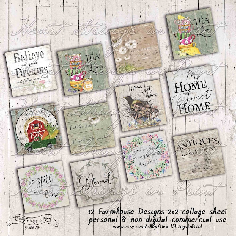 Farmhouse 2x2 Image Digital Collage Sheet, Primitive, Printable, Instant Download, JPG File 1140 image 1