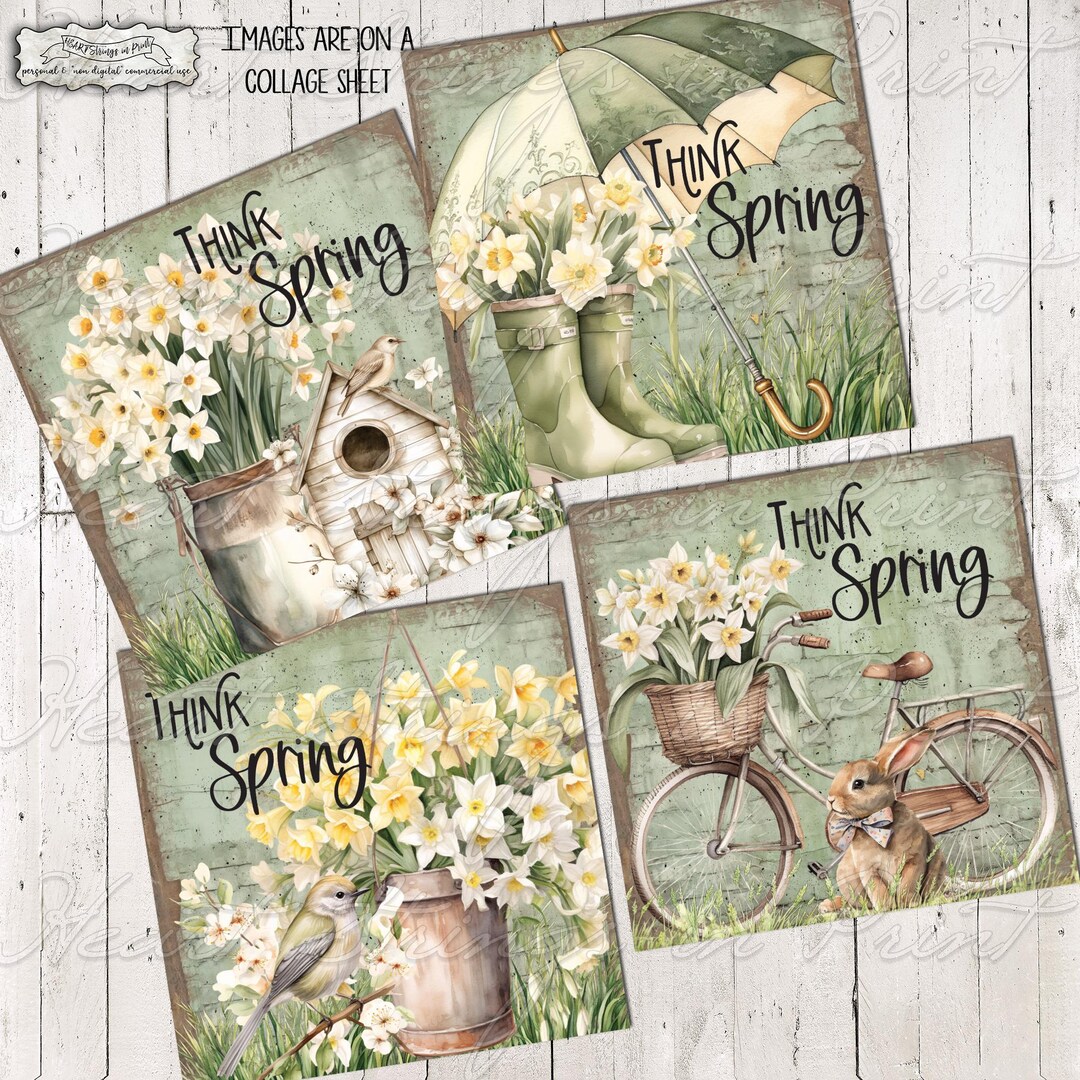 Think Spring Printable, 4x4, Collage, Primitive, Digital Download 2555 ...