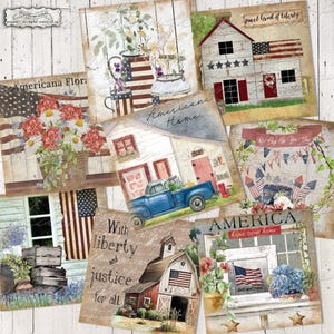 May include: A collage of Americana-themed art prints featuring patriotic imagery. Images include a farmhouse, a blue pickup truck, flowers, and the American flag. Text includes "sweet land of liberty" and "home sweet home".