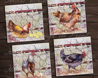 Farm Chickens Printable, 4x4 Image Collage Sheet, Primitive, Instant Digital Download, JPG File #1221