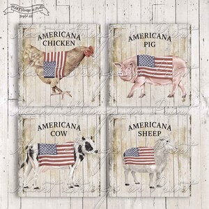 Americana Farm Animals, Printable, 4x4 Image Collage Sheet, Primitive, Instant Digital Download, JPG File #1572