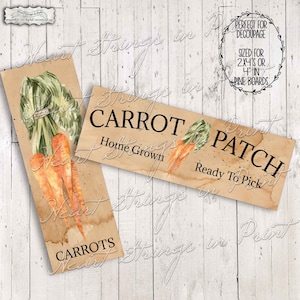 May include: Two printable signs for a carrot patch. The top sign says "CARROT PATCH Home Grown Ready To Pick". The bottom sign says "CARROTS". Both signs feature a watercolour illustration of carrots and leafy greens.