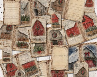 May include: A collection of vintage-style paper ephemera featuring illustrations of red barns, Christmas trees, and winter scenes. Some pieces have lined paper, while others are tags. The artwork has a distressed, aged appearance, with a rustic, holiday theme.